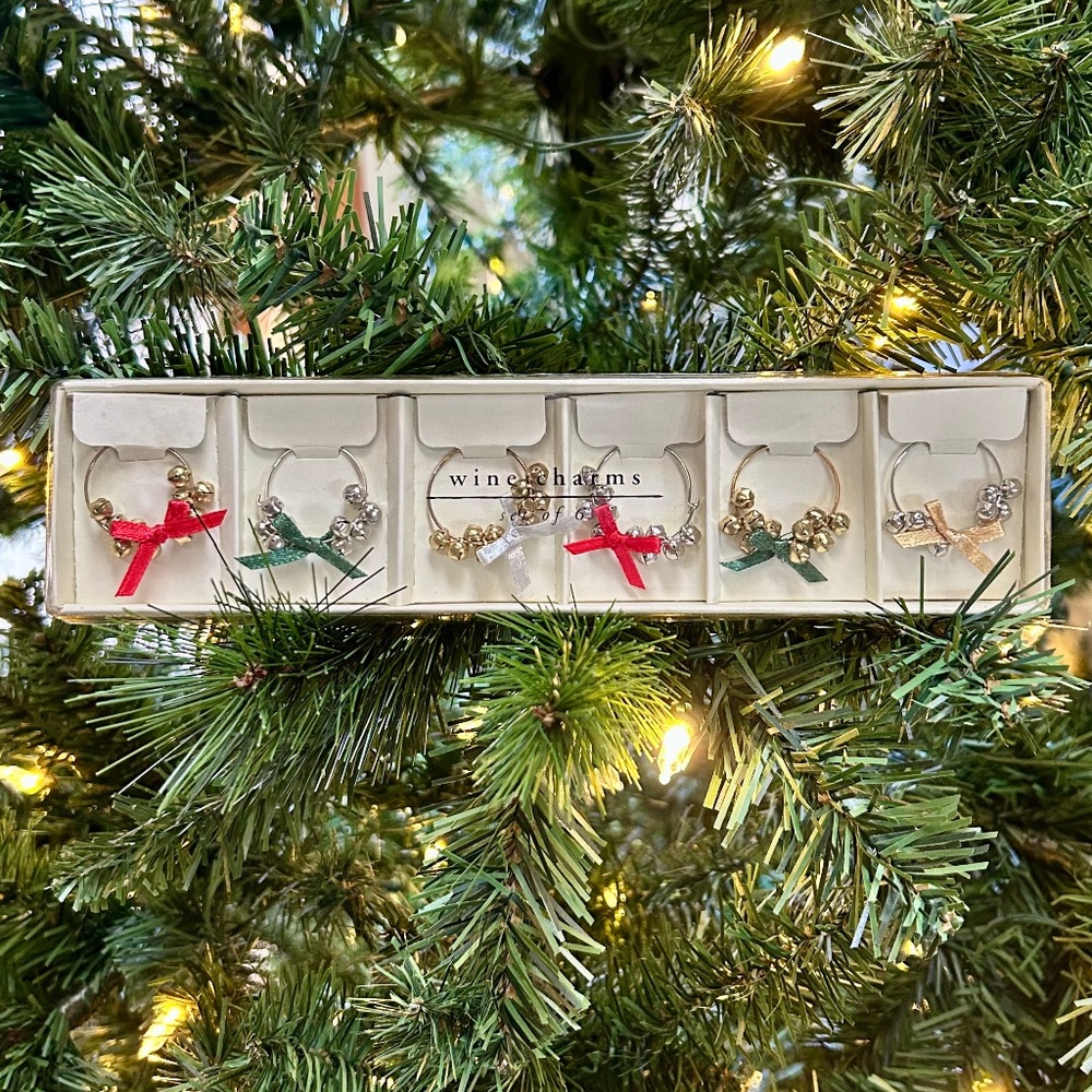 Set of 6 Vintage Pier One Christmas Bell & Bow Wine Charms